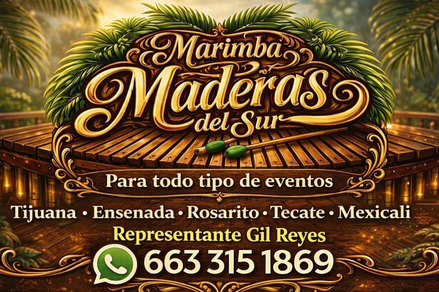 Logo de Marimba Maderas del Sur con número de contacto